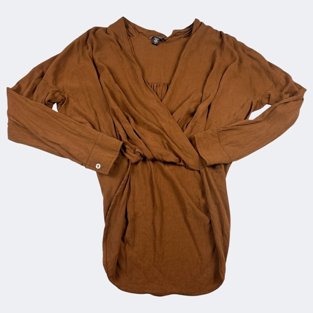 Natalie Busby Blouse Brown Draped Front Long Sleeve Shirt Boho Lounge Wrap Top M